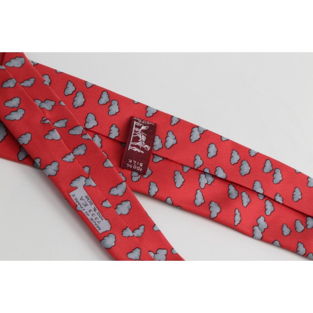 Vintage Hermes Silk Tie Red Grey Cloud Pattern Made in France Luxury - Picture 9 of 10